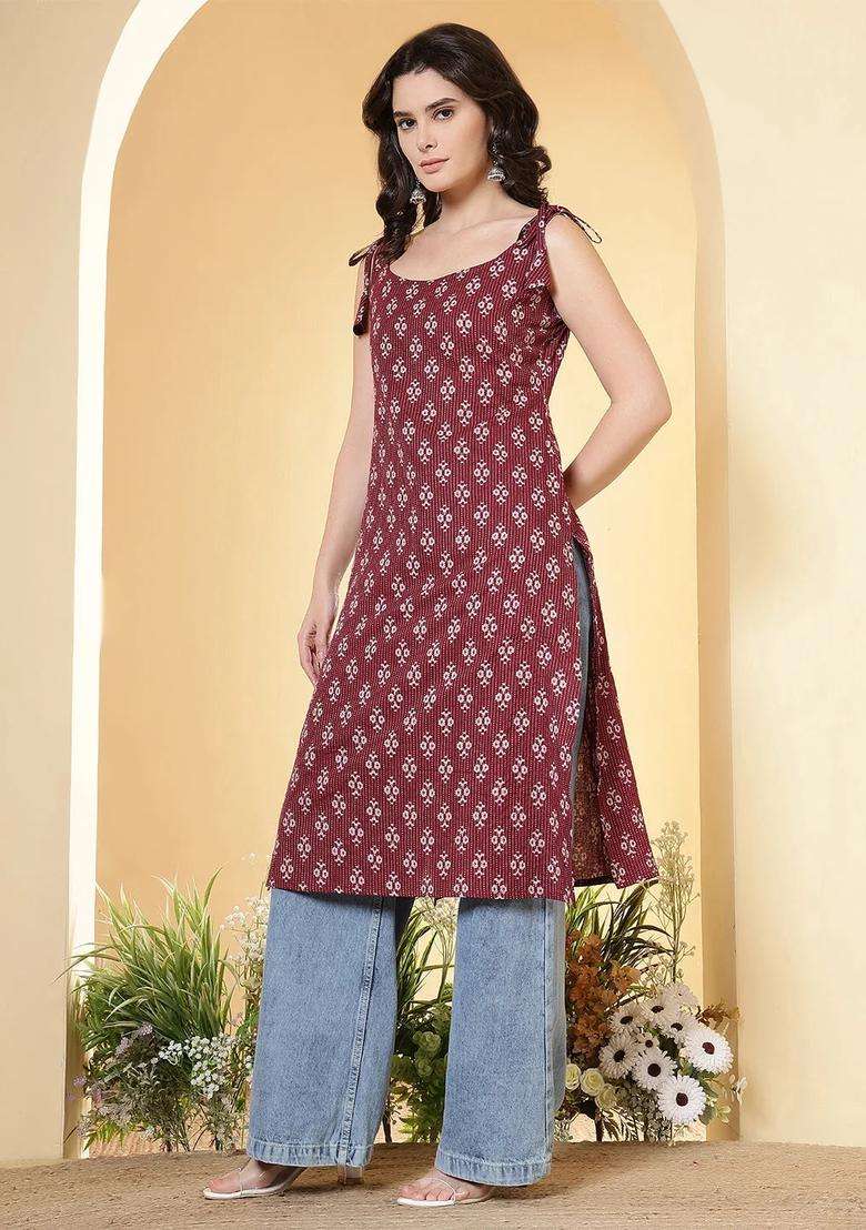 Burgundy Printed Cotton Kurta - Indya