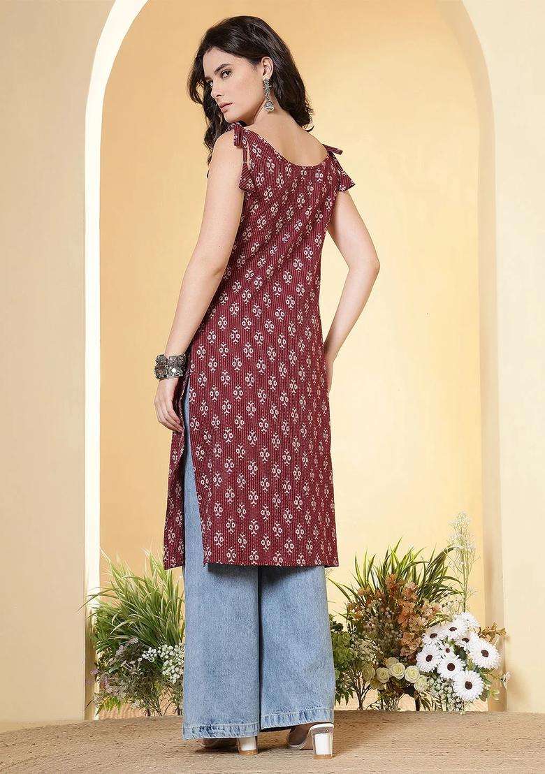 Burgundy Printed Cotton Kurta - Indya