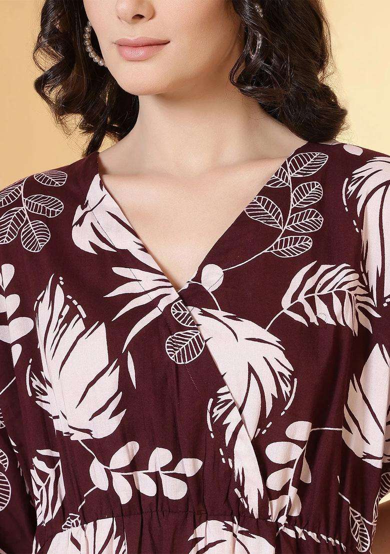 Burgundy Floral Print Cotton Dress - Indya