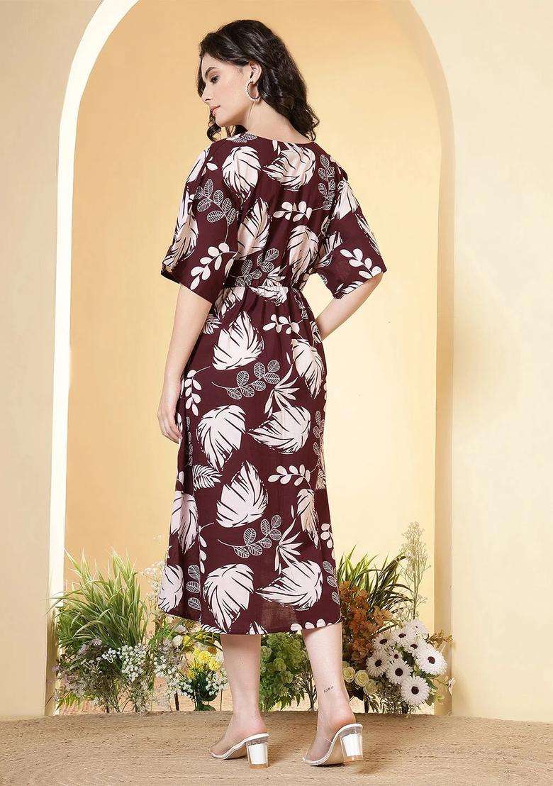 Burgundy Floral Print Cotton Dress - Indya