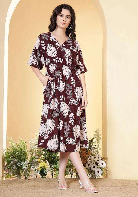 Burgundy Floral Print Cotton Dress
