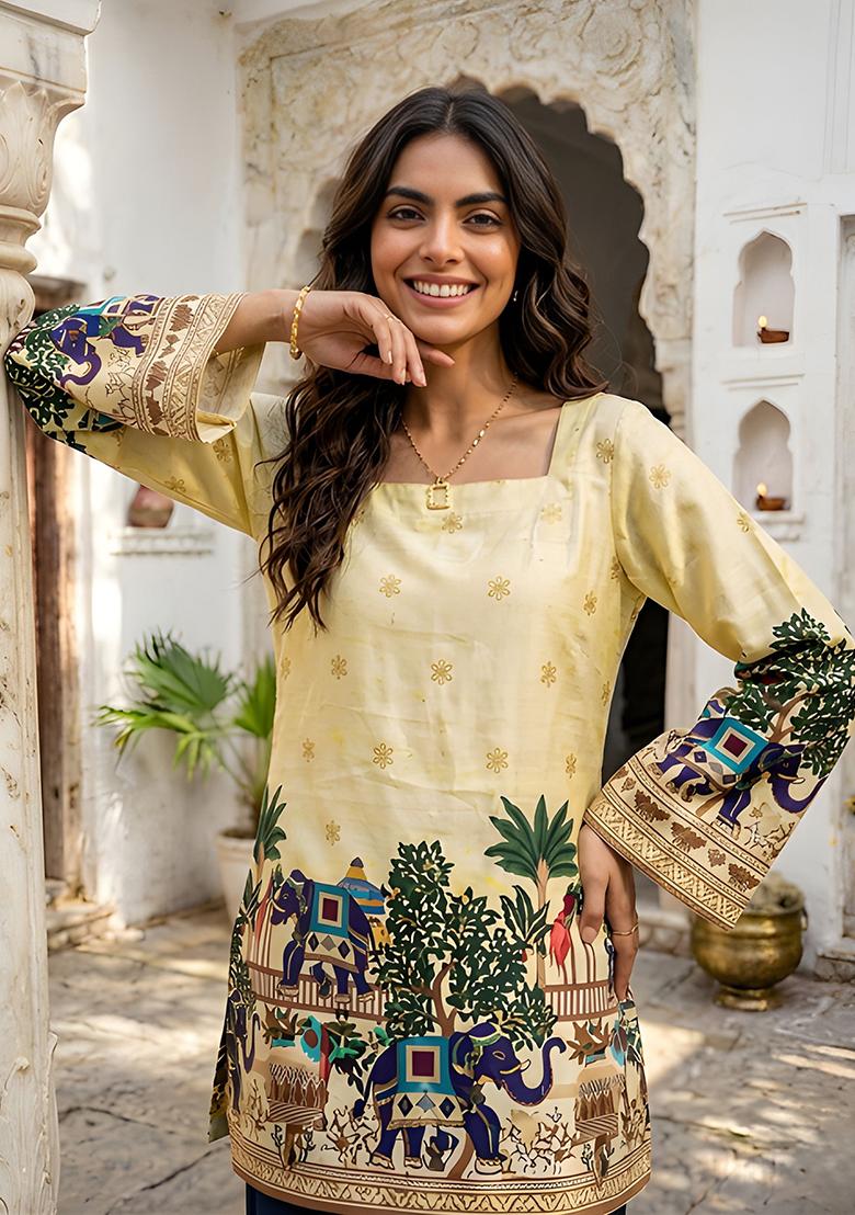Yellow Printed Cotton Short Kurti - Indya