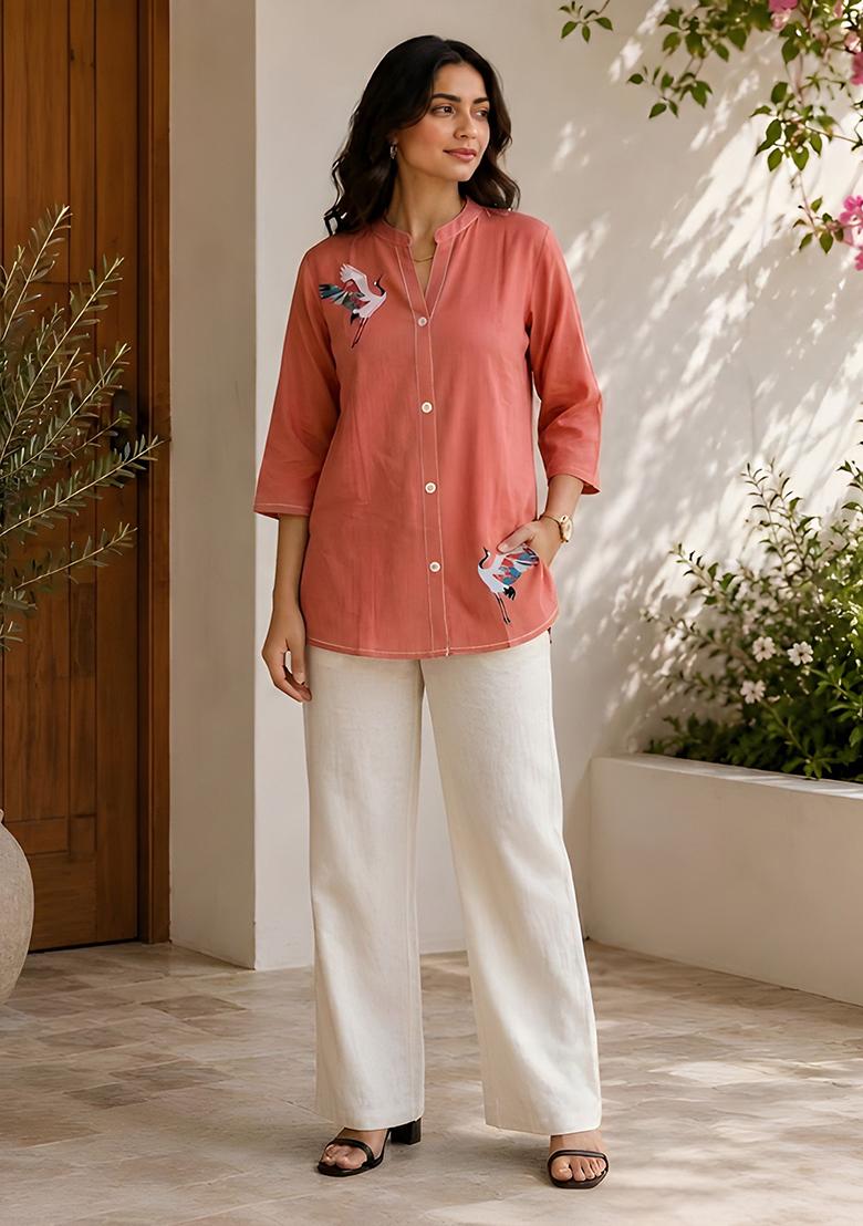 Coral Printed Cotton Short Kurti - Indya