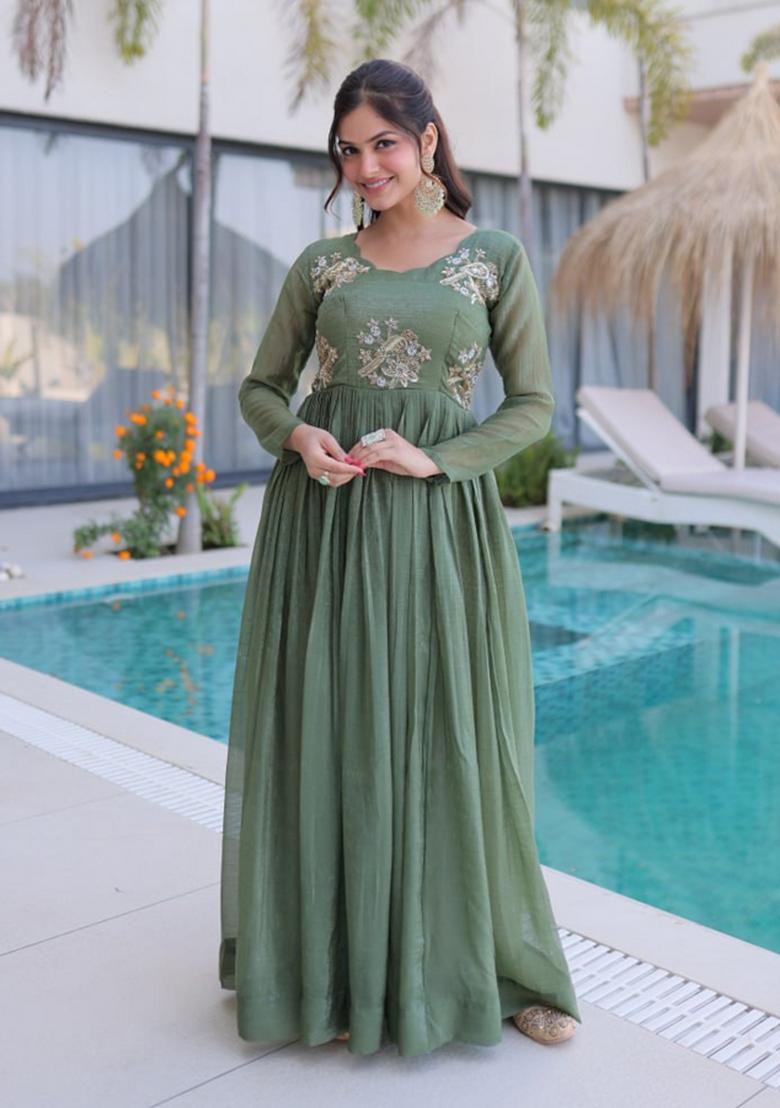 Green Beads Work Silk Kurta - Indya
