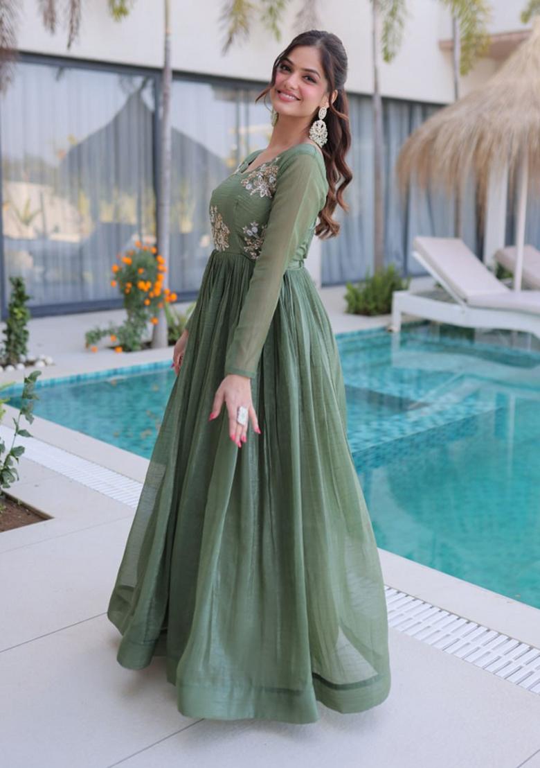 Green Beads Work Silk Kurta - Indya