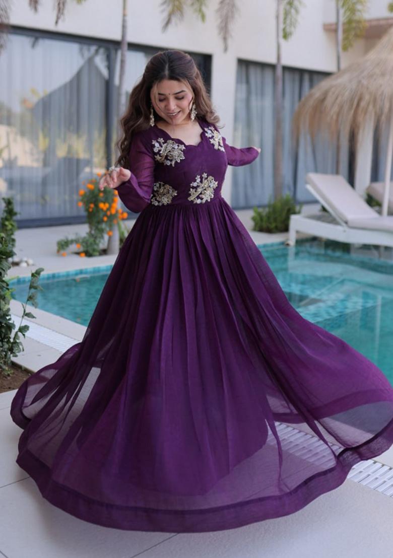 Purple Beads Work Silk Kurta - Indya