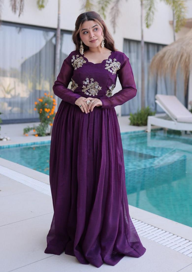 Purple Beads Work Silk Kurta - Indya