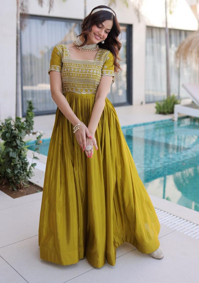 Mehendi Beads Work Silk Kurta - Indya