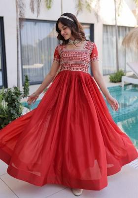Red Beads Work Silk Kurta