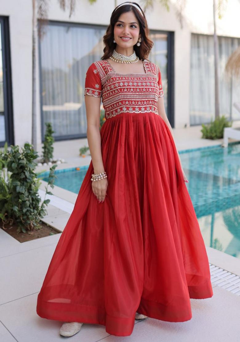 Red Beads Work Silk Kurta - Indya