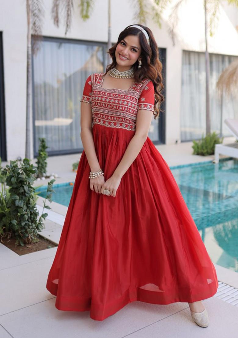 Red Beads Work Silk Kurta - Indya
