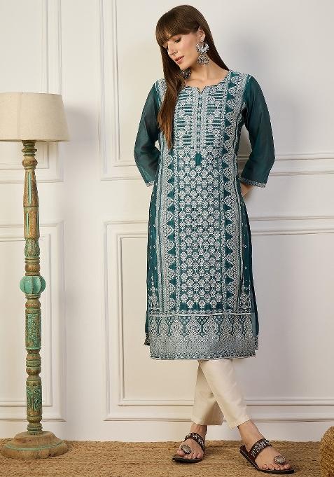 Teal Woven Design Silk Kurti
