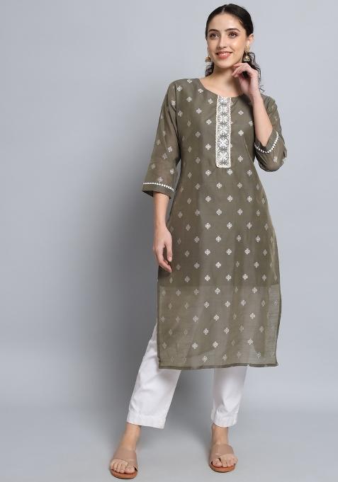 Grey Embroidered Silk Kurti