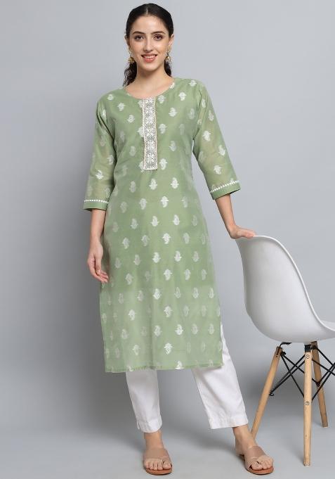Sea Green Embroidered Silk Kurti