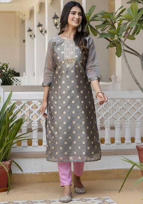 Grey Embroidered Silk Kurti