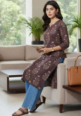 Brown Printed Cotton Kurta
