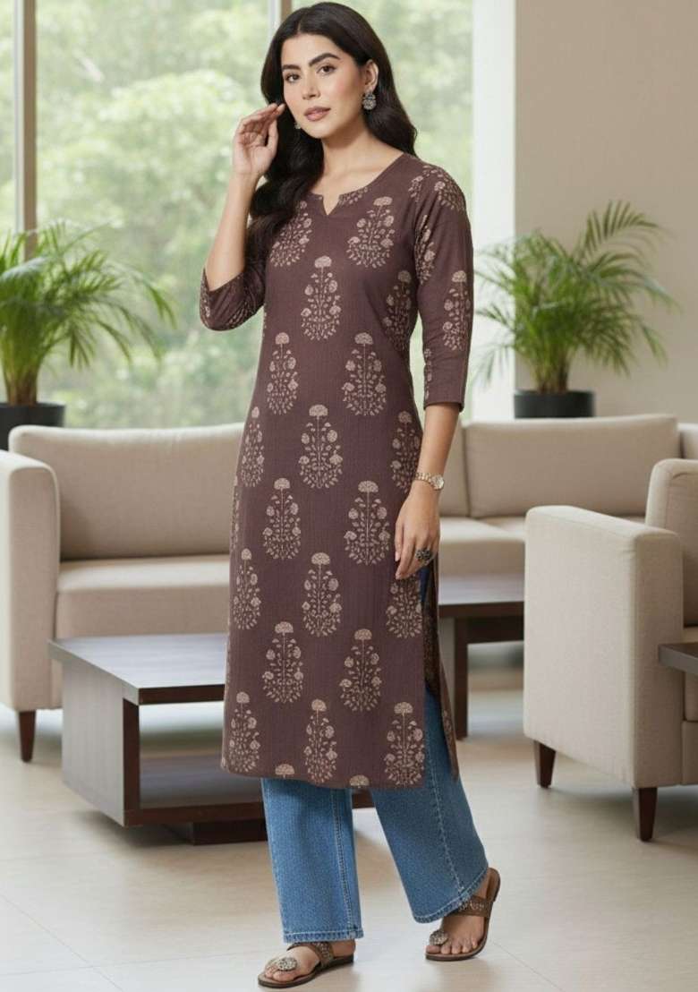 Brown Printed Cotton Kurta - Indya