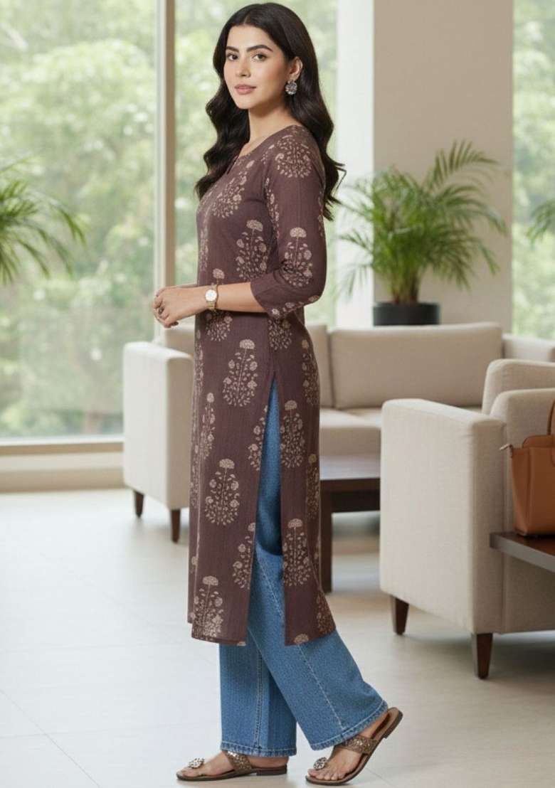 Brown Printed Cotton Kurta - Indya