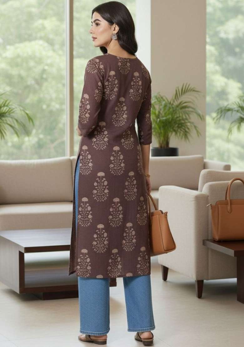 Brown Printed Cotton Kurta - Indya
