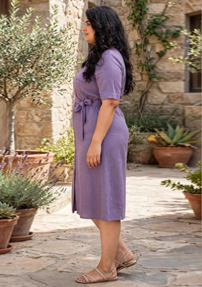 Purple Solid Cotton Dress - Indya
