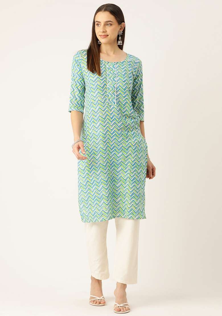 Green Printed Cotton Kurta - Indya