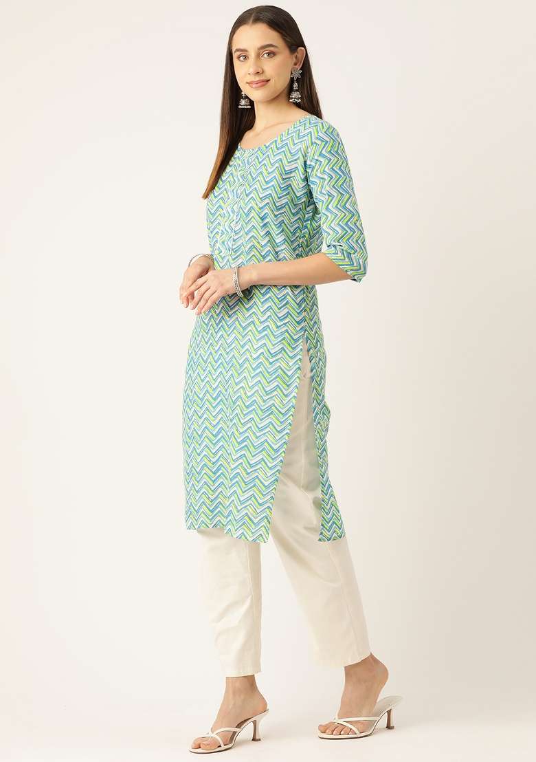 Green Printed Cotton Kurta - Indya
