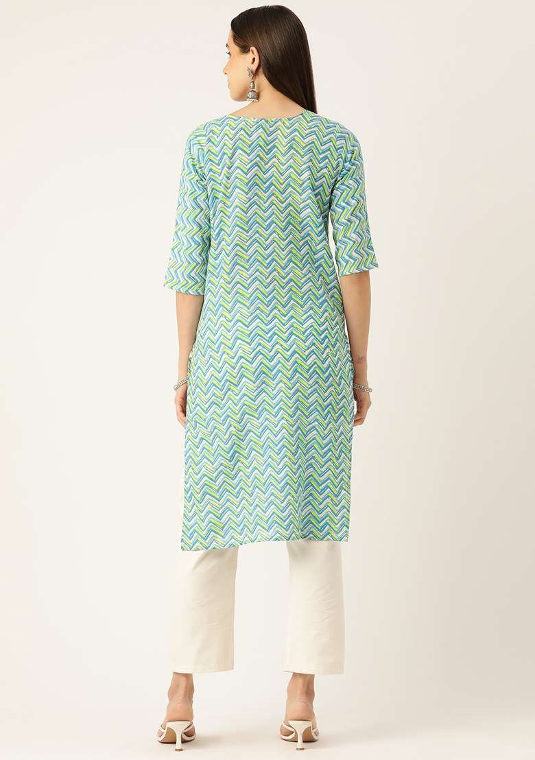 Green Printed Cotton Kurta - Indya