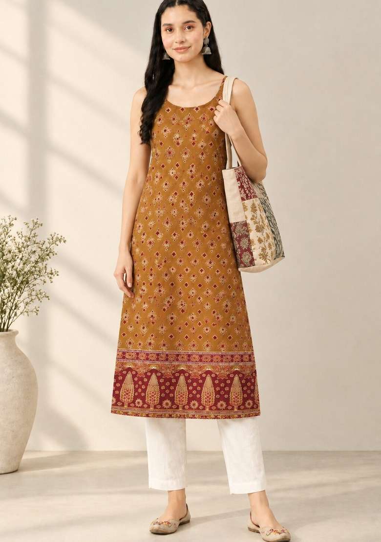 Yellow Printed Cotton Kurta - Indya