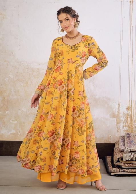 Yellow Embroidered Georgette Anarkali Kurta