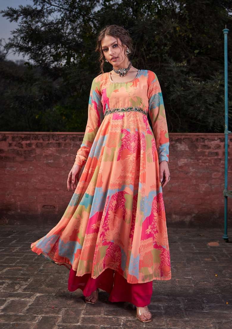 Orange Embroidered Georgette Anarkali Kurta - Indya