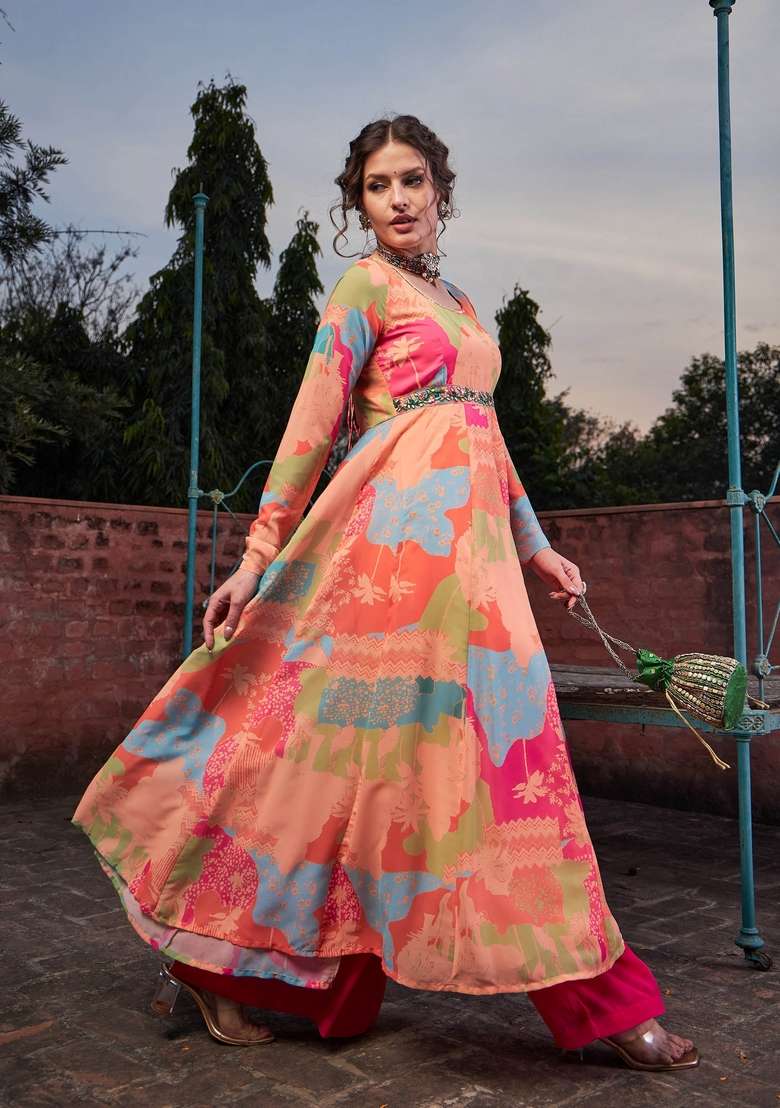Orange Embroidered Georgette Anarkali Kurta - Indya