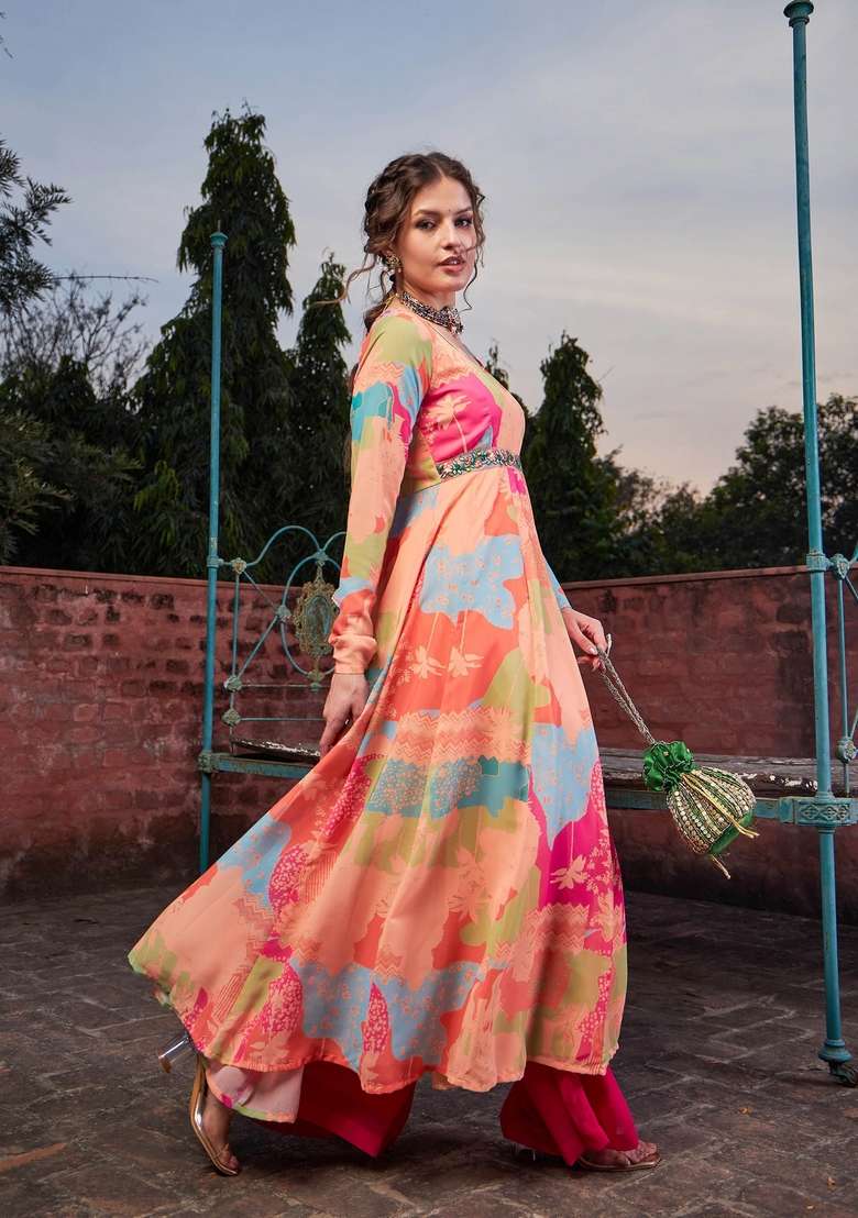 Orange Embroidered Georgette Anarkali Kurta - Indya