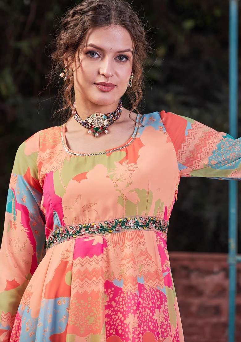 Orange Embroidered Georgette Anarkali Kurta - Indya