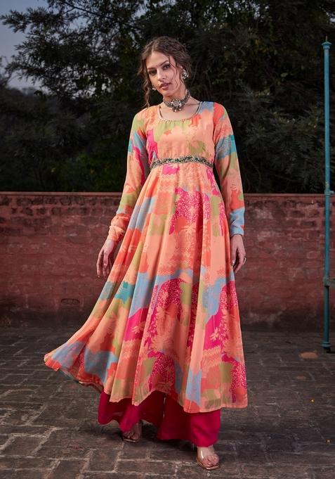 Orange Embroidered Georgette Anarkali Kurta