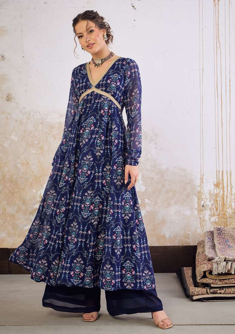 Navy Blue Embroidered Georgette Anarkali Kurta - Indya