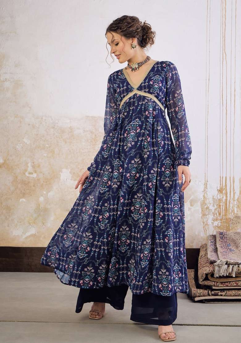 Navy Blue Embroidered Georgette Anarkali Kurta - Indya