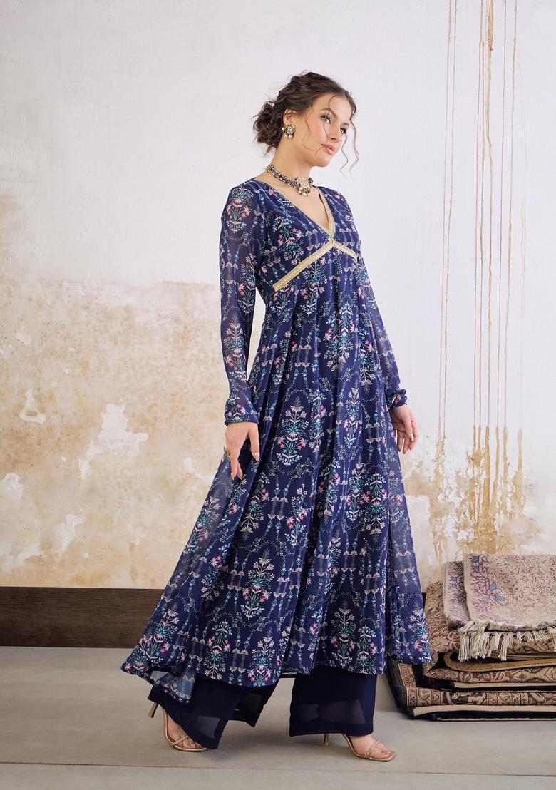 Navy Blue Embroidered Georgette Anarkali Kurta