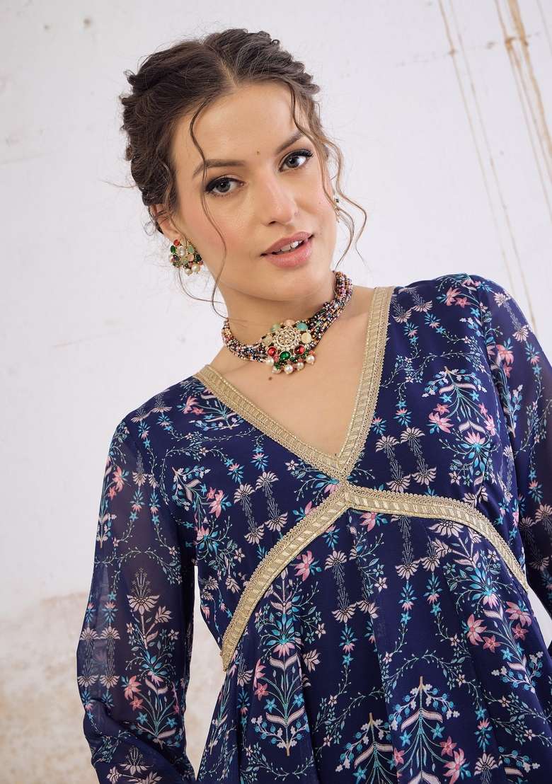 Navy Blue Embroidered Georgette Anarkali Kurta - Indya