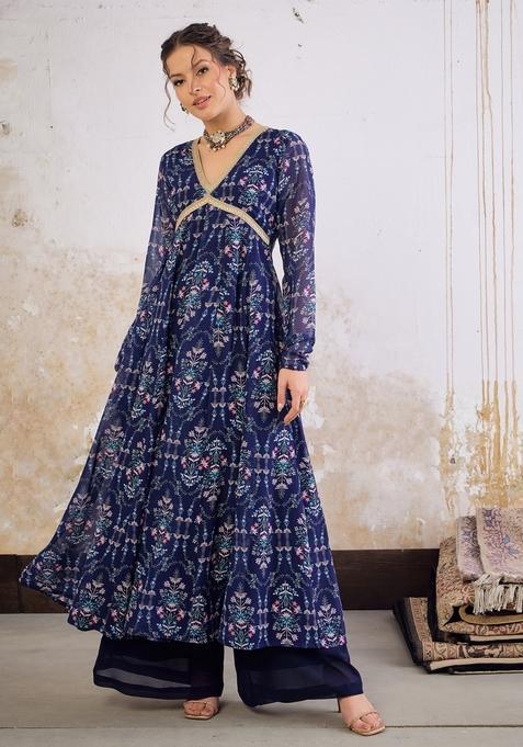 Navy Blue Embroidered Georgette Anarkali Kurta