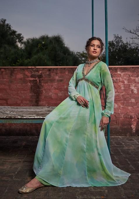 Green Embroidered Georgette Anarkali Kurta