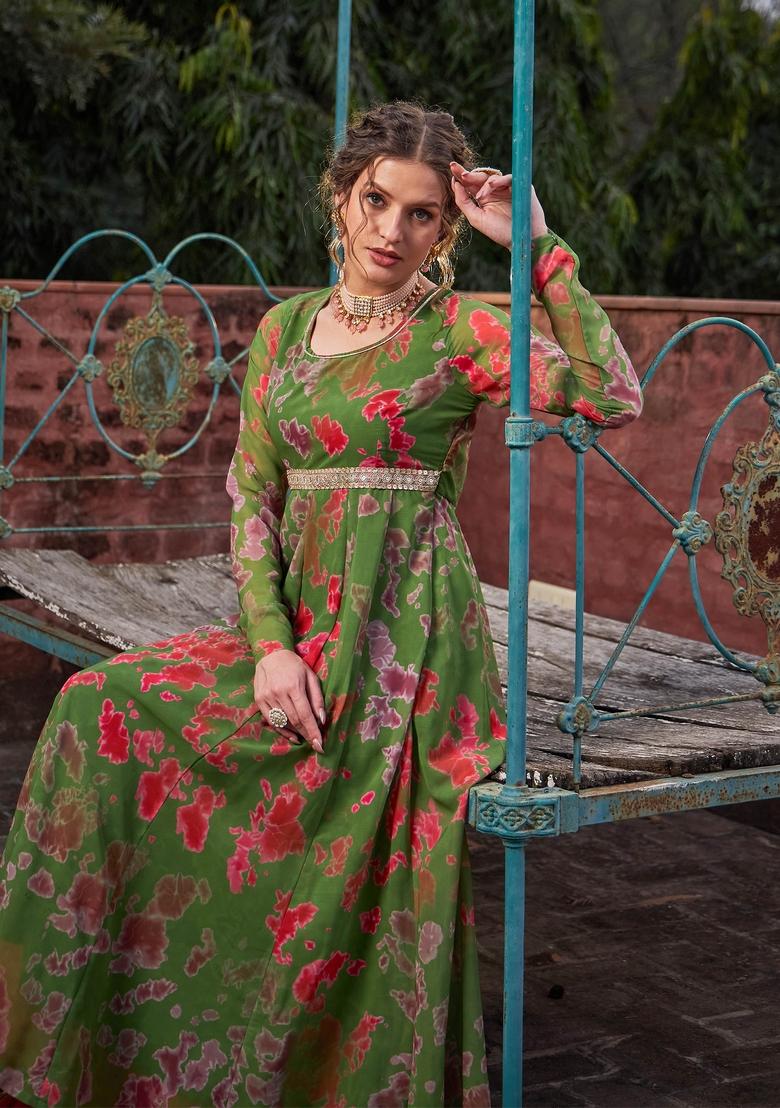 Green Embroidered Georgette Anarkali Kurta
