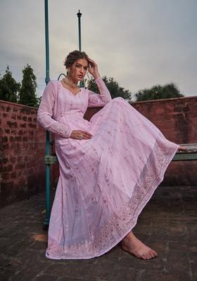 Pink Embroidered Polyester Anarkali Kurta