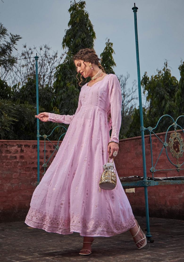 Pink Embroidered Polyester Anarkali Kurta