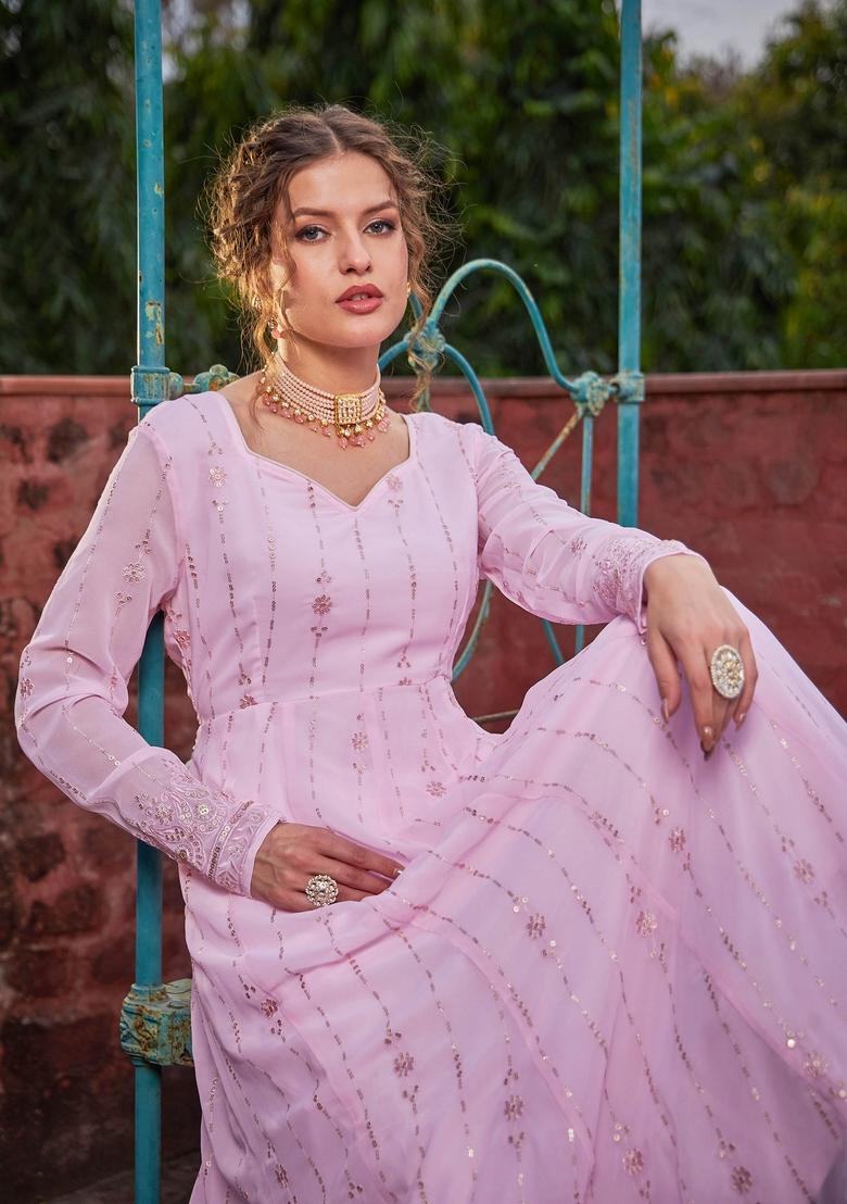 Pink Embroidered Polyester Anarkali Kurta
