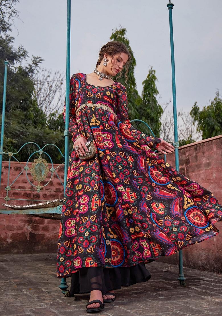 Black Embroidered Polyester Anarkali Kurta