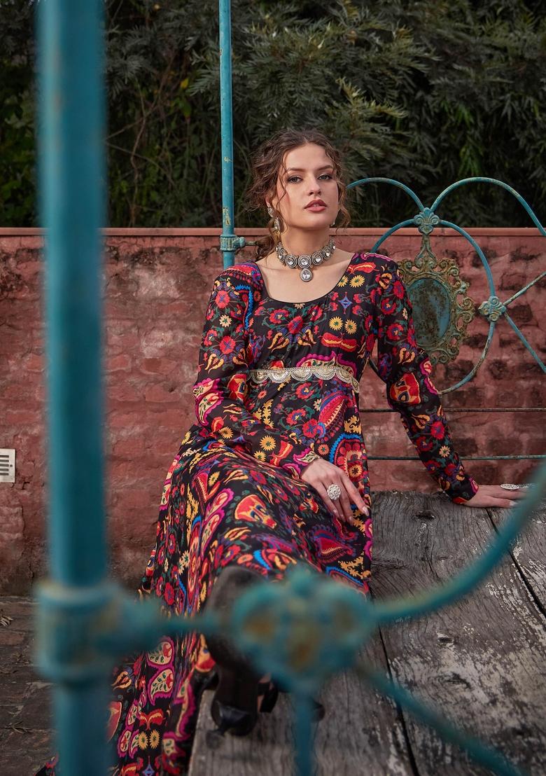 Black Embroidered Polyester Anarkali Kurta