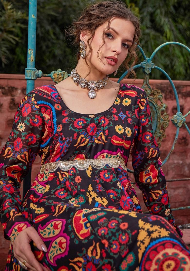 Black Embroidered Polyester Anarkali Kurta