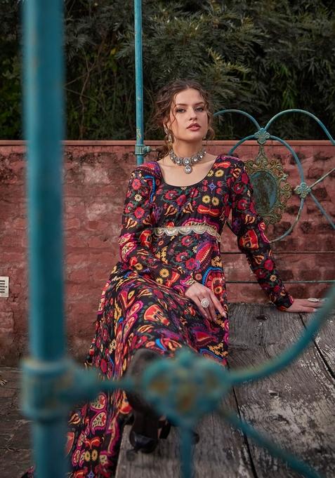 Black Embroidered Polyester Anarkali Kurta