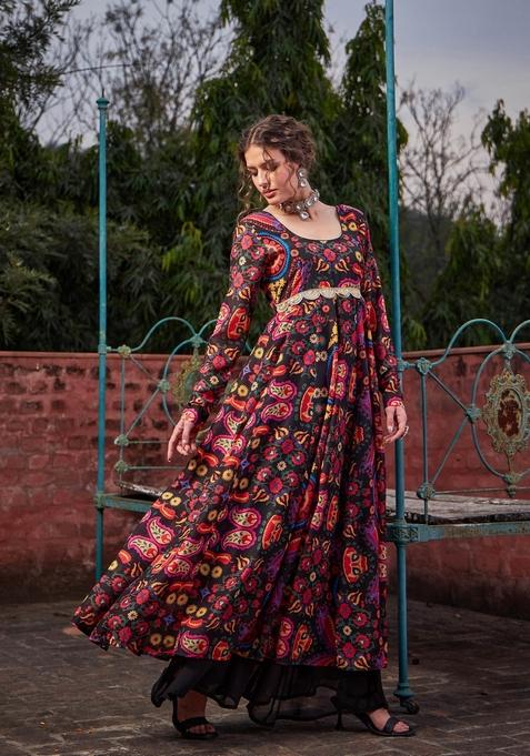 Black Embroidered Polyester Anarkali Kurta