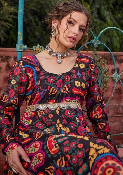 Black Embroidered Polyester Anarkali Kurta